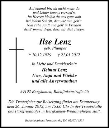 Traueranzeige von Ilse Lenz von Tageszeitung