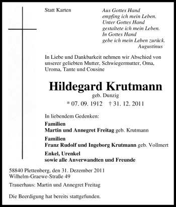 Traueranzeige von Hildegard Krutmann von Tageszeitung