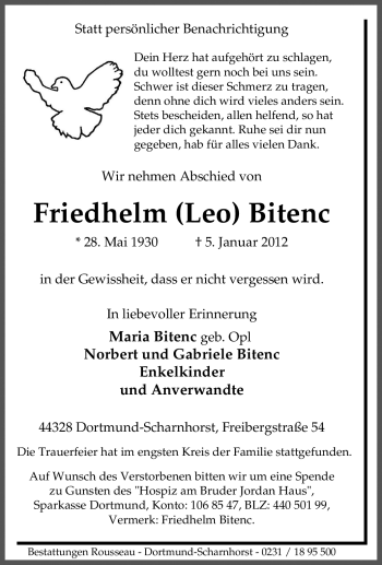 Traueranzeige von Friedhelm Bitenc von Tageszeitung