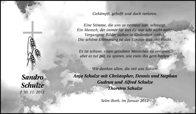  Traueranzeige für Sandro Schulze vom 07.01.2012 aus Tageszeitung