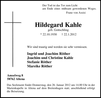 Traueranzeige von Hildegard Kahle von Tageszeitung