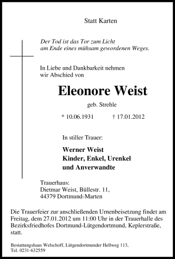 Traueranzeige von Eleonore Weist von Tageszeitung