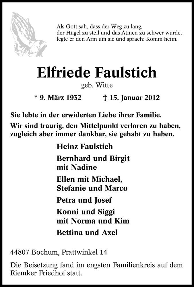  Traueranzeige für Elfriede Faulstich vom 21.01.2012 aus Tageszeitung