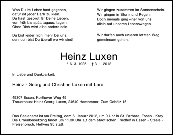 Traueranzeige von Heinz Luxen von Tageszeitung