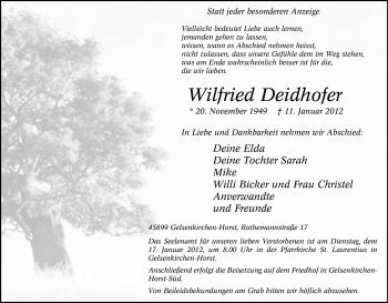 Traueranzeige von Wilfried Deidhofer von Tageszeitung