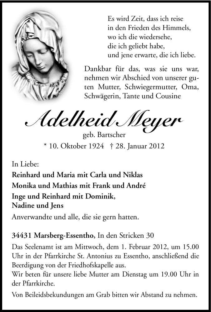  Traueranzeige für Adelheid Meyer vom 30.01.2012 aus Tageszeitung