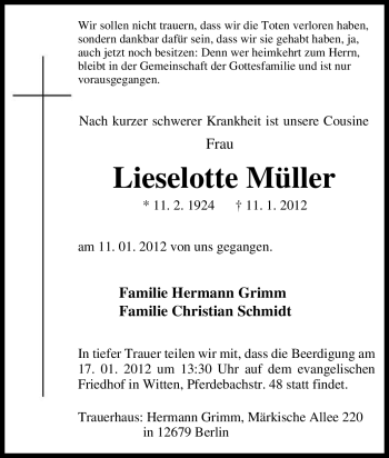 Traueranzeige von Lieselotte Müller von Tageszeitung