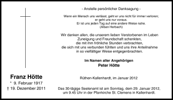 Traueranzeige von Franz Hötte von Tageszeitung
