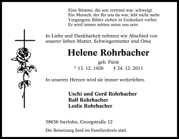 Traueranzeige von Helene Rohrbacher von Tageszeitung