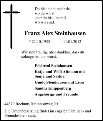 Traueranzeige von Franz Alex Steinhausen von Tageszeitung