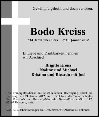 Traueranzeige von Bodo Kreiss von Tageszeitung