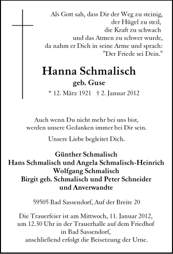 Traueranzeige von Hanna Schmalisch von Tageszeitung