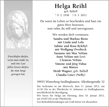 Traueranzeige von Helga Reihl von Tageszeitung