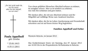 Traueranzeige von Paula Appelhoff von Tageszeitung