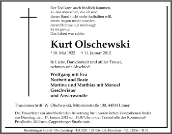 Traueranzeige von Kurt Olschewski von Tageszeitung