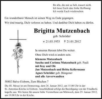 Traueranzeige von Brigitta Mutzenbach von Tageszeitung