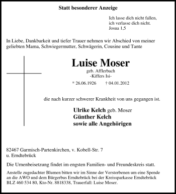 Traueranzeige von Luise Moser von Tageszeitung