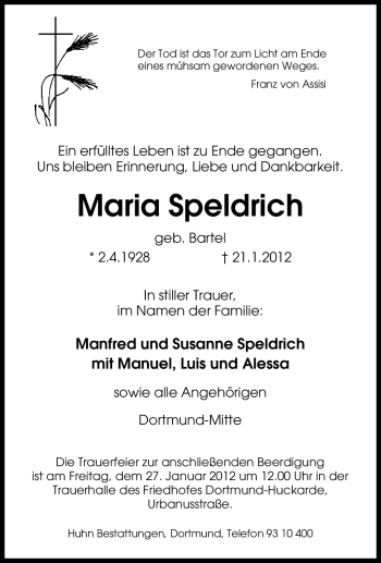 Traueranzeige von Maria Speldrich von Tageszeitung