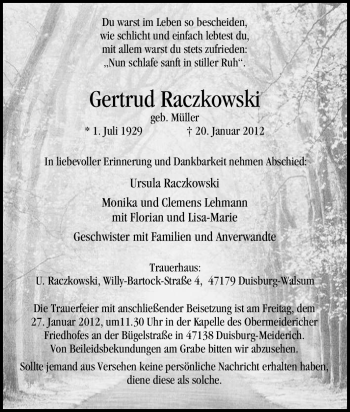 Traueranzeige von Gertrud Raczkowski von Tageszeitung