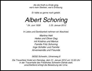Traueranzeige von Albert Schoring von Tageszeitung