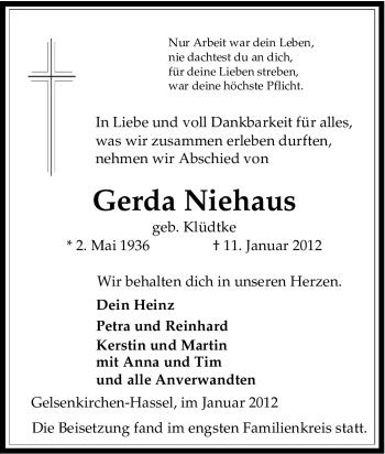 Traueranzeige von Gerda Niehaus von Tageszeitung