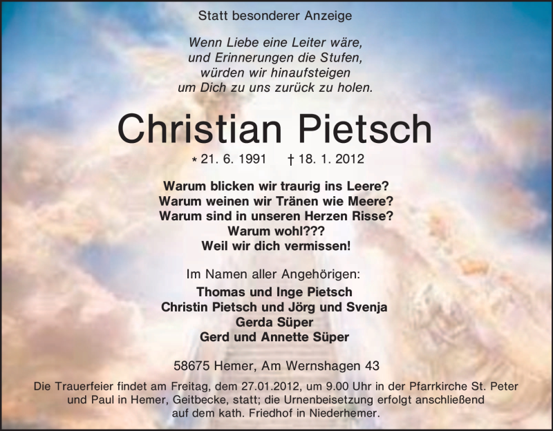  Traueranzeige für Christian Pietsch vom 25.01.2012 aus Tageszeitung