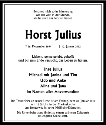 Traueranzeige von Horst Julius von Tageszeitung
