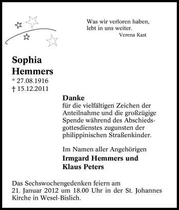 Traueranzeige von Sophia Hemmers von Tageszeitung