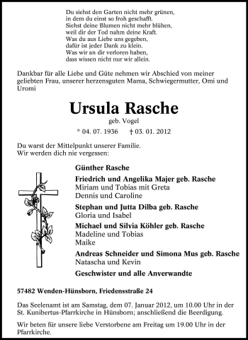 Traueranzeige von Ursula Rasche von Tageszeitung