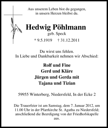 Traueranzeige von Hedwig Pöhlmann von Tageszeitung