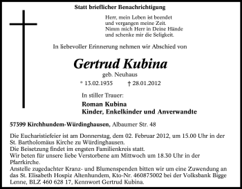 Traueranzeige von Gertrud Kubina von Tageszeitung