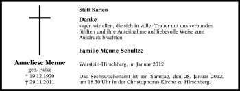 Traueranzeige von Anneliese Menne von Tageszeitung
