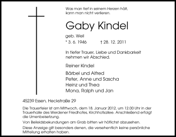 Traueranzeige von Gaby Kindel von Tageszeitung