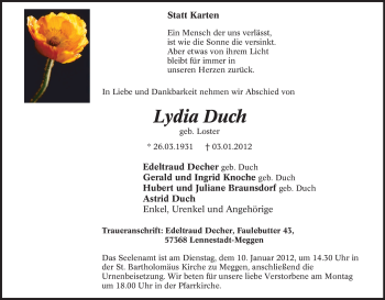 Traueranzeige von Lydia Duch von Tageszeitung