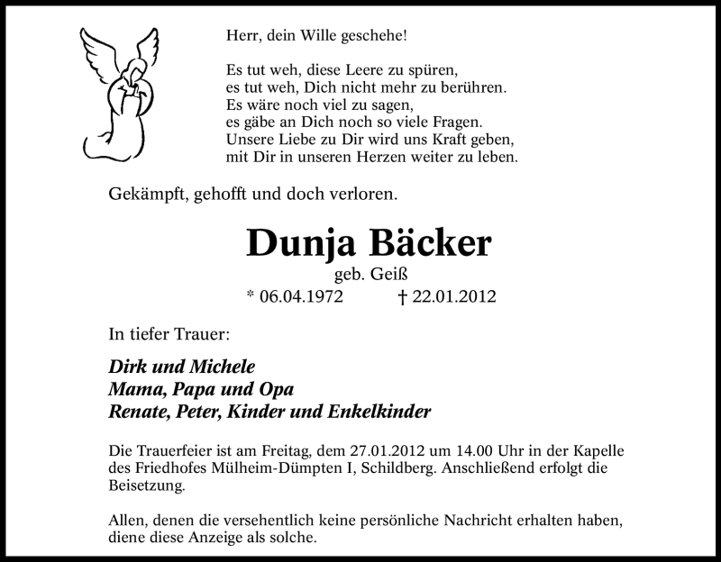  Traueranzeige für Dunja Bäcker vom 25.01.2012 aus Tageszeitung