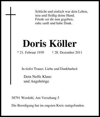 Traueranzeige von Doris Köller von Tageszeitung