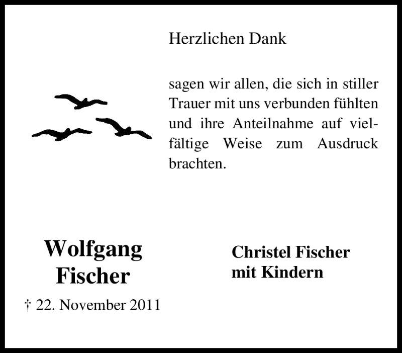  Traueranzeige für Wolfgang Fischer vom 07.01.2012 aus Tageszeitung