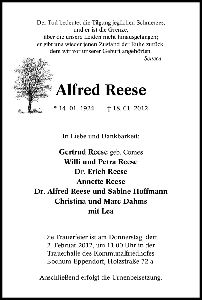  Traueranzeige für Alfred Reese vom 28.01.2012 aus Tageszeitung