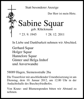 Traueranzeige von Sabine Squar von Tageszeitung