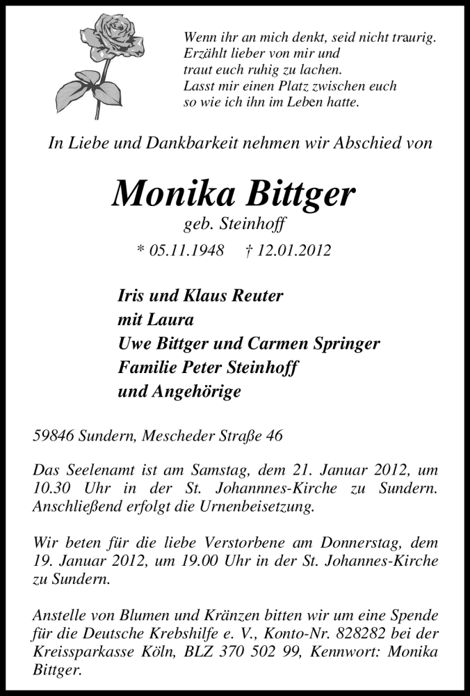  Traueranzeige für Monika Bittger vom 14.01.2012 aus Tageszeitung