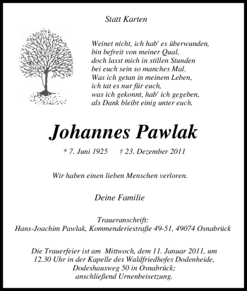 Traueranzeige von Johannes Pawlak von Tageszeitung