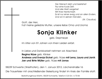 Traueranzeigen Von Sonja Klinker Trauer In Nrw De