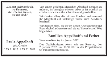 Traueranzeige von Paula Appelhoff von Tageszeitung