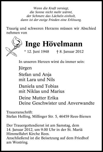 Traueranzeige von Inge Hövelmann von Tageszeitung
