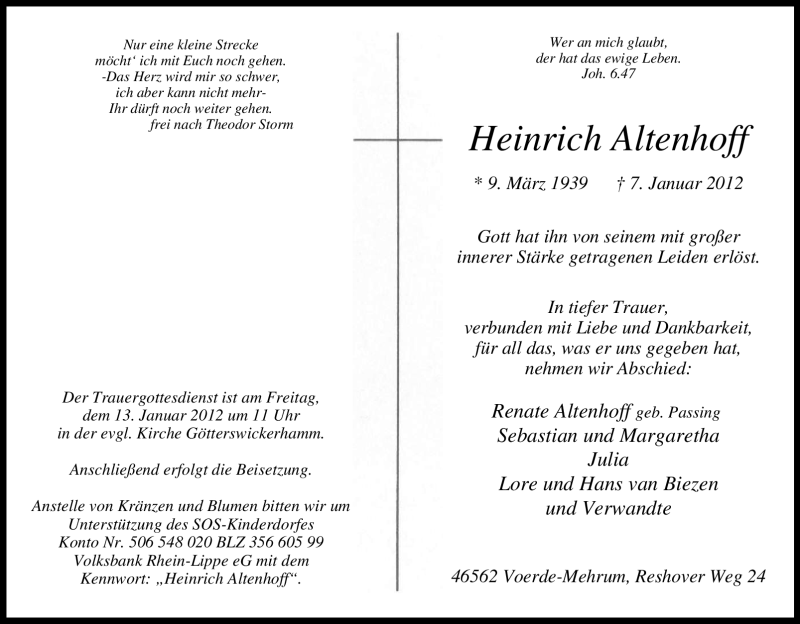  Traueranzeige für Heinrich Altenhoff vom 10.01.2012 aus Tageszeitung
