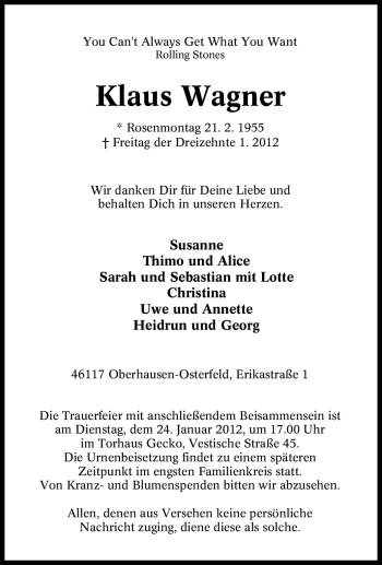 Traueranzeige von Klaus Wagner von Tageszeitung