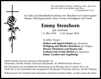 Traueranzeige von Emmy Stenzhorn von Tageszeitung