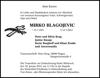 Traueranzeige von Mirko Blagojevic von Tageszeitung