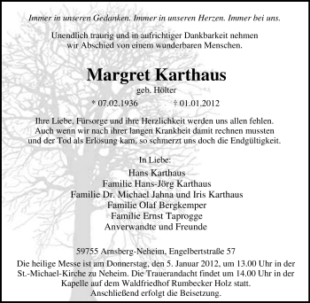 Traueranzeige von Margret Karthaus von Tageszeitung