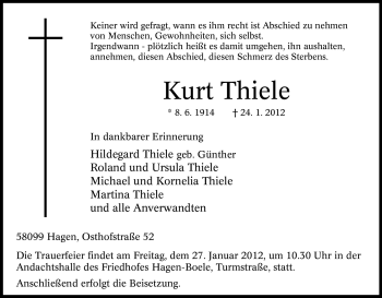 Traueranzeige von Kurt Thiele von Tageszeitung